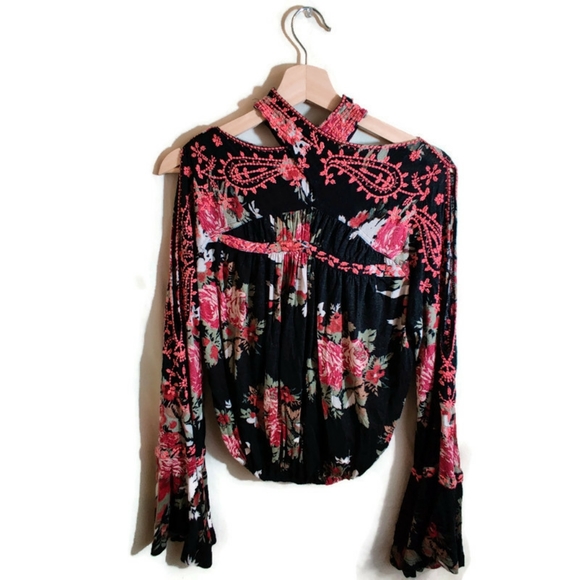 Free People Tops - FREE PEOPLE Bainbridge Black & Red Floral Long Bell Sleeve High Neckline Shirt S